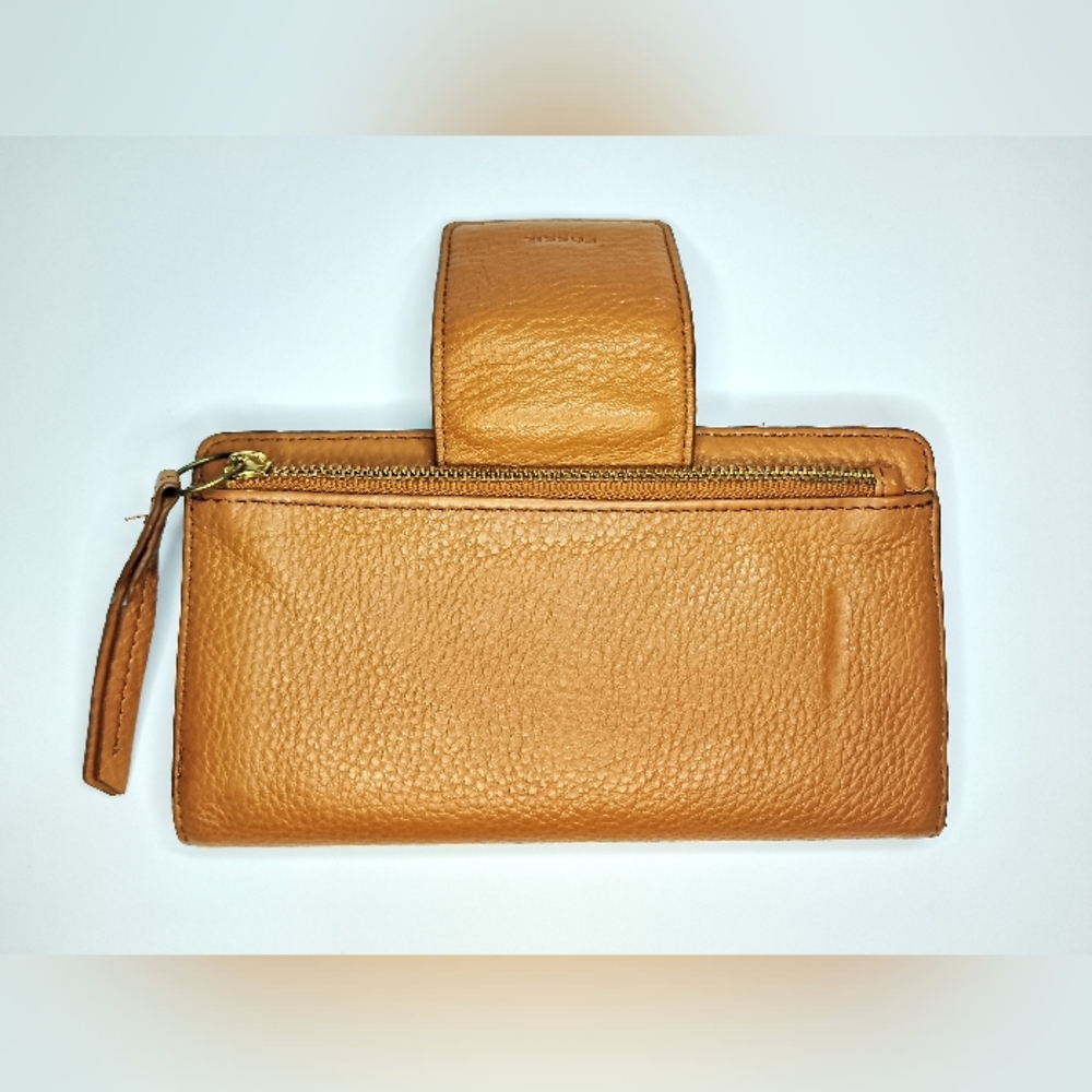 Fossil Emma Woven RFID Tab Clutch Brown Genuine Cowhide Leather Wallet - Picture 6 of 12